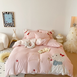 91家纺网 家纺一手货源 找家纺 （总）朗莎 2024新款A版双层纱提花绣花B版40s水洗棉四件套,小兔子粉,小兔子蓝