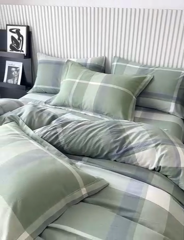91家纺网 家纺一手货源 找家纺 三沁家居 2024新款格子色织全棉水洗棉四件套 宽边 格调-绿