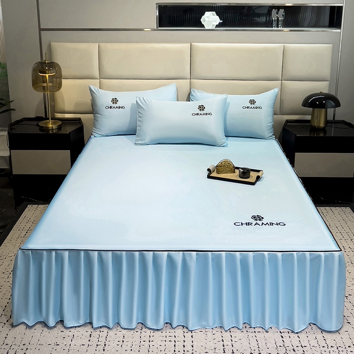 91家纺网 家纺一手货源 找家纺 极梦家纺（支持定制） 2025夏季新款纯色绣花水洗真丝单床裙三件套可提供买家秀 天水蓝