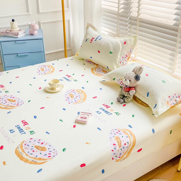 91家纺网 家纺一手货源 找家纺 楠沐家纺 2025新款亲肤印花芦荟棉水洗棉床笠系列 甜甜圈