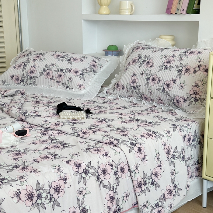 91家纺网 家纺一手货源 找家纺 昔可家纺 2024新款凉感冰皮床盖和同款夏被 粉黛桃花
