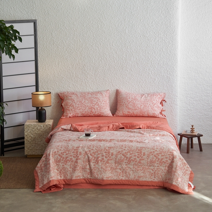 91家纺网 家纺一手货源 找家纺 安莱生活 2024新款高端双层纱栀子花色织大提花夏被及夏被四件套 栀子花-橘红