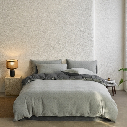 91家纺网 家纺一手货源 找家纺 （总）安莱生活 2025新款双层纱色织提花波浪系列四件套 斜纹波浪