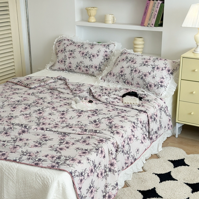 91家纺网 家纺一手货源 找家纺 昔可家纺 2024新款凉感冰皮床盖和同款夏被 粉黛桃花