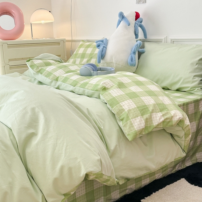 91家纺网 家纺一手货源 找家纺 昔可家纺 2024新款全棉纯色格子系列四件套 青柠薄荷