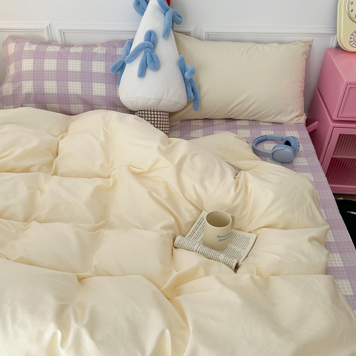 91家纺网 家纺一手货源 找家纺 昔可家纺 2024新款全棉纯色格子系列四件套 芋泥奶酪