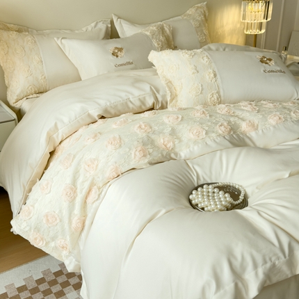 红嘴企鹅 2025新款水洗冰丝山茶花系列四件套 山茶花奶白