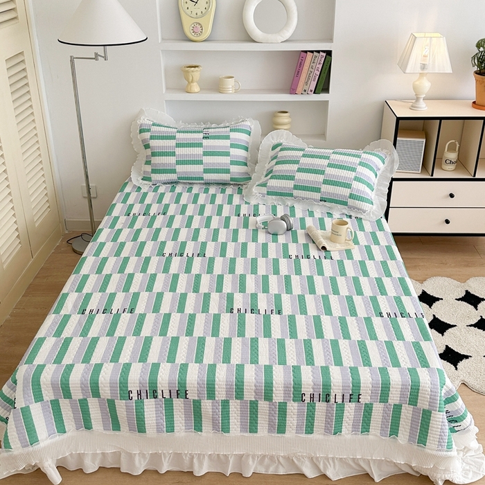 91家纺网 家纺一手货源 找家纺 昔可家纺 2024新款凉感冰皮床盖和同款夏被 紫绿格