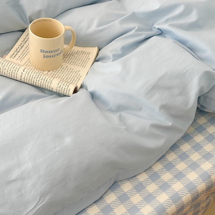 91家纺网 家纺一手货源 找家纺 昔可家纺 2024新款全棉纯色格子系列四件套 海盐蓝椰