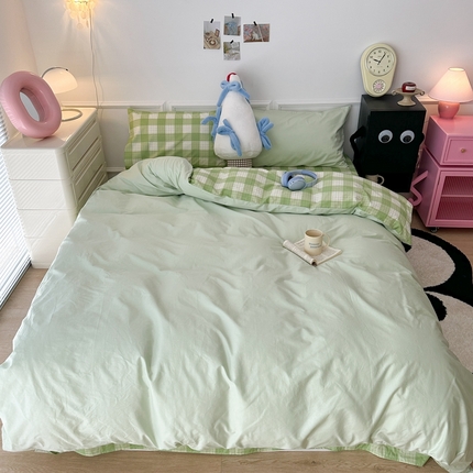 91家纺网 家纺一手货源 找家纺 昔可家纺 2024新款全棉纯色格子系列四件套 青柠薄荷