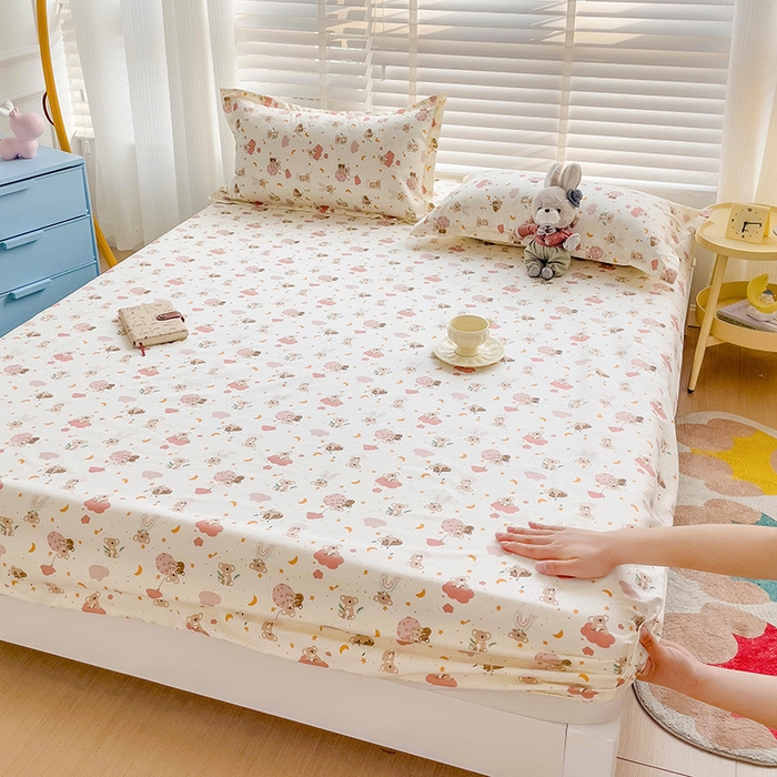 91家纺网 家纺一手货源 找家纺 楠沐家纺 2025新款亲肤印花芦荟棉水洗棉床笠系列 彩虹猴