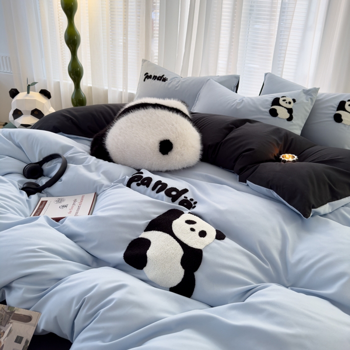 91家纺网 家纺一手货源 找家纺 曼谷家纺 年新款熊猫毛巾绣四件套柔软磨毛床上用品水洗棉套件 熊猫-淡蓝黑