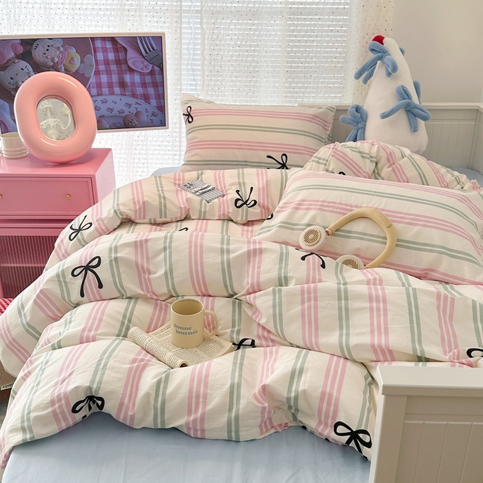 91家纺网 家纺一手货源 找家纺 （总）昔可家纺 2024新款全棉条纹格子四件套--蝴蝶结系列