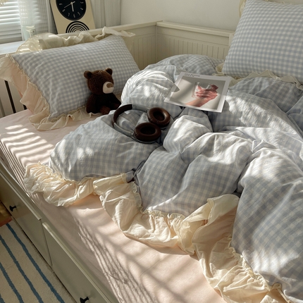 91家纺网 家纺一手货源 找家纺 （总）六巷胡同 2024新款全棉水洗棉韩系少女心花边格子四件套