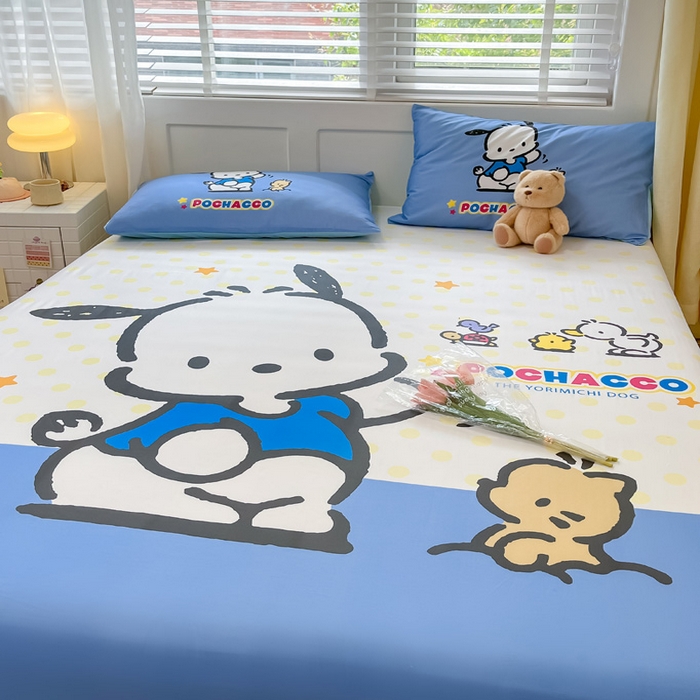 91家纺网 家纺一手货源 找家纺 金爱家 2024新款全棉三丽鸥正版大版单品床笠 星星帕哈狗