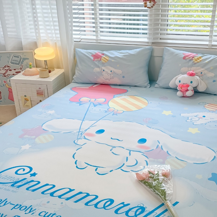 91家纺网 家纺一手货源 找家纺 金爱家 2024新款全棉三丽鸥正版大版单品床笠 气球玉桂狗