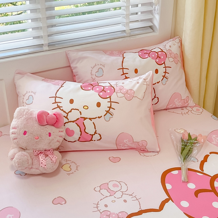 91家纺网 家纺一手货源 找家纺 金爱家 2024新款全棉三丽鸥正版大版单品床笠 爱心kt