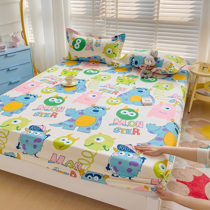 91家纺网 家纺一手货源 找家纺 楠沐家纺 2025新款亲肤印花芦荟棉水洗棉床笠系列 怪兽大学