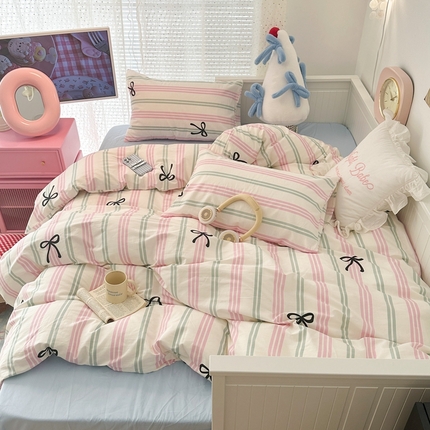 昔可家纺 2024新款全棉条纹格子四件套--蝴蝶结系列 芭蕾竖条蝴蝶结