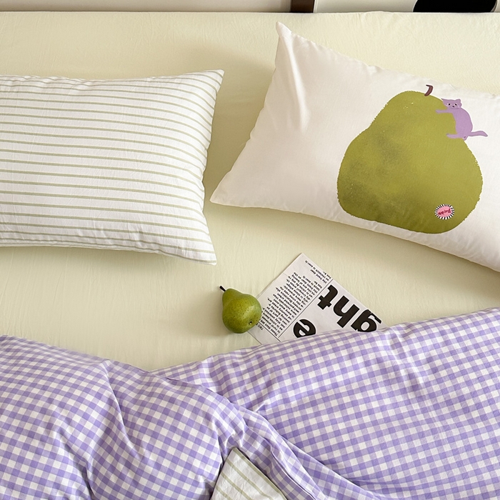 91家纺网 家纺一手货源 找家纺 艾沁家纺  2024新款32支全棉色织水洗棉四件套-紫猫+肥梨 紫格子