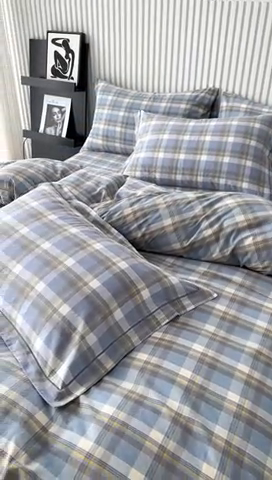 91家纺网 家纺一手货源 找家纺 三沁家居 2024新款格子色织全棉水洗棉四件套 宽边 简兮蓝