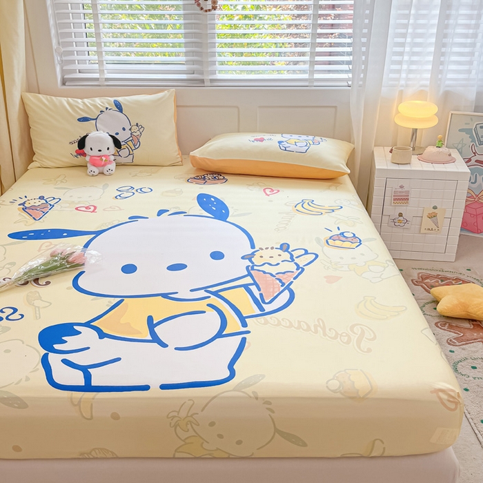 91家纺网 家纺一手货源 找家纺 金爱家 2024新款全棉三丽鸥正版大版单品床笠 贪吃帕哈狗