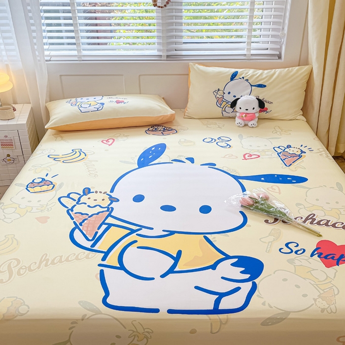 91家纺网 家纺一手货源 找家纺 金爱家 2024新款全棉三丽鸥正版大版单品床笠 贪吃帕哈狗