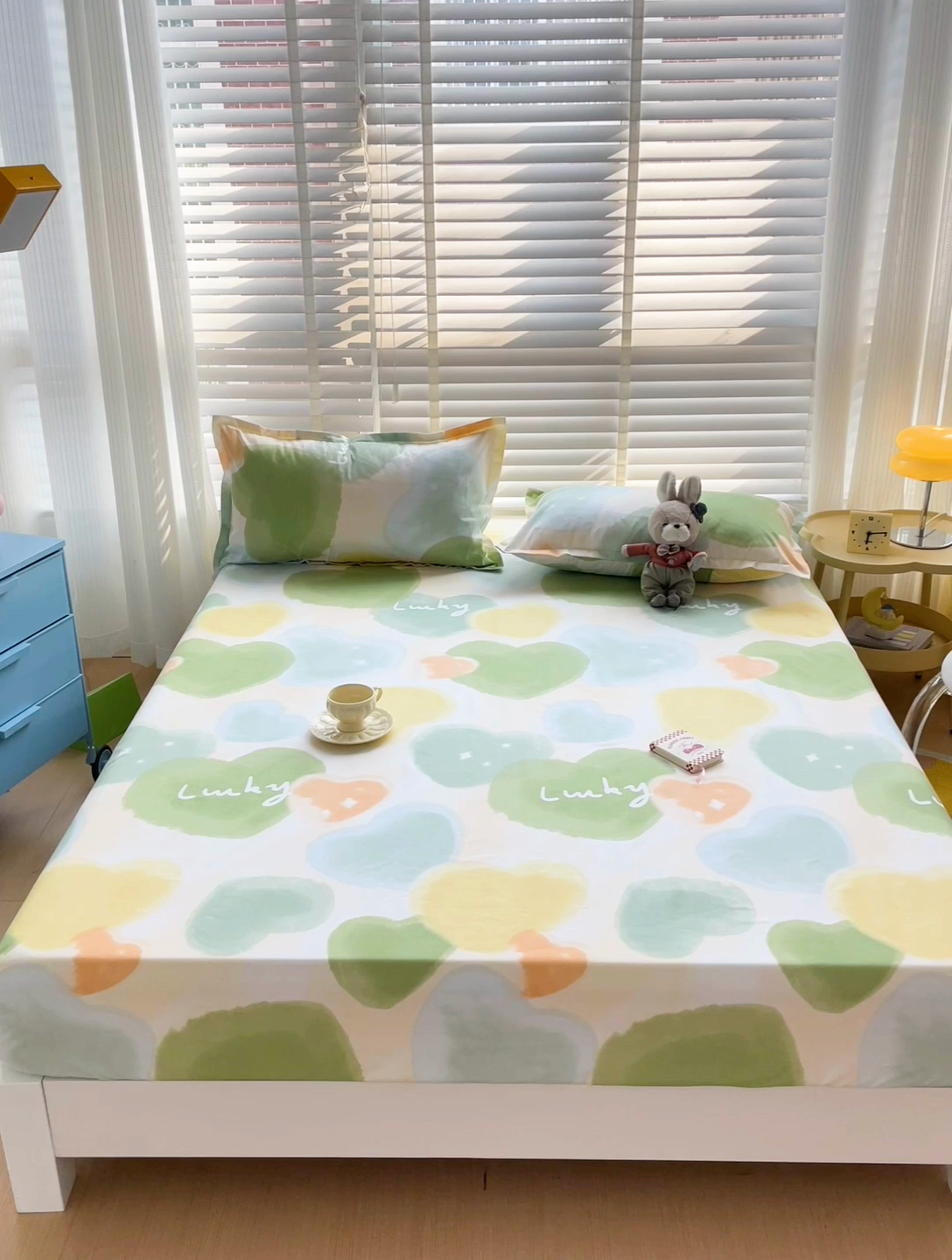 91家纺网 家纺一手货源 找家纺 楠沐家纺 2025新款亲肤印花芦荟棉水洗棉床笠系列 幸运心