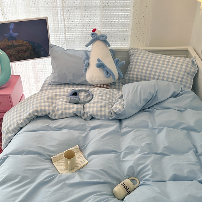 91家纺网 家纺一手货源 找家纺 昔可家纺 2024新款全棉纯色格子系列四件套 海盐蓝椰