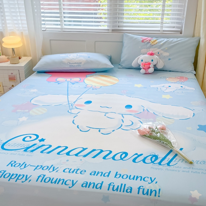 91家纺网 家纺一手货源 找家纺 金爱家 2024新款全棉三丽鸥正版大版单品床笠 气球玉桂狗