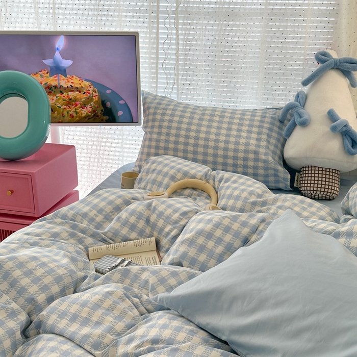 91家纺网 家纺一手货源 找家纺 昔可家纺 2024新款全棉纯色格子系列四件套 冰川蓝格