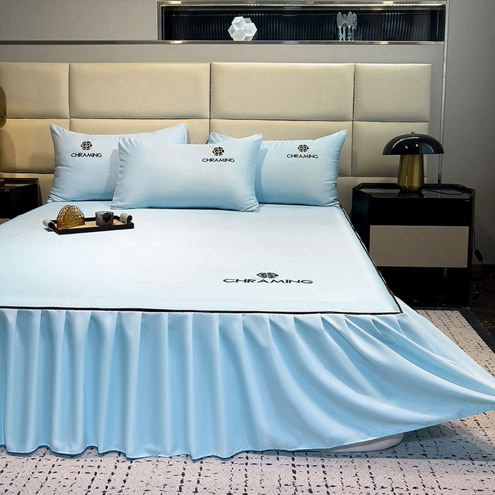 91家纺网 家纺一手货源 找家纺 极梦家纺（支持定制） 2025夏季新款纯色绣花水洗真丝单床裙三件套可提供买家秀 天水蓝