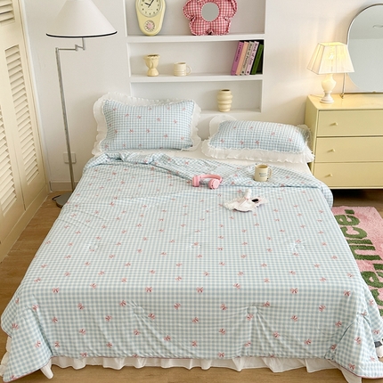 昔可家纺 2024新款凉感冰皮床盖和同款夏被 少女心蓝格蝴蝶结