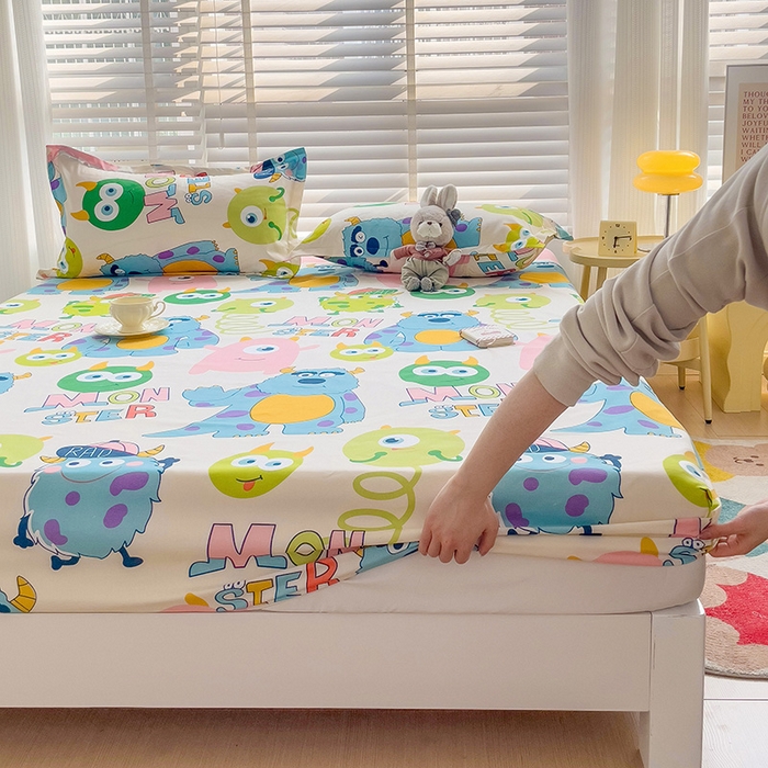 91家纺网 家纺一手货源 找家纺 楠沐家纺 2025新款亲肤印花芦荟棉水洗棉床笠系列 怪兽大学