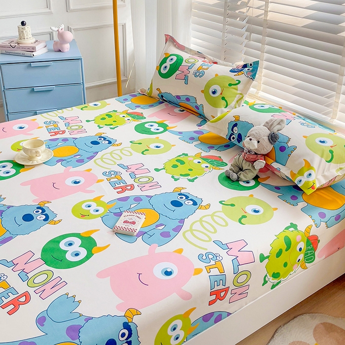 91家纺网 家纺一手货源 找家纺 楠沐家纺 2025新款亲肤印花芦荟棉水洗棉床笠系列 怪兽大学