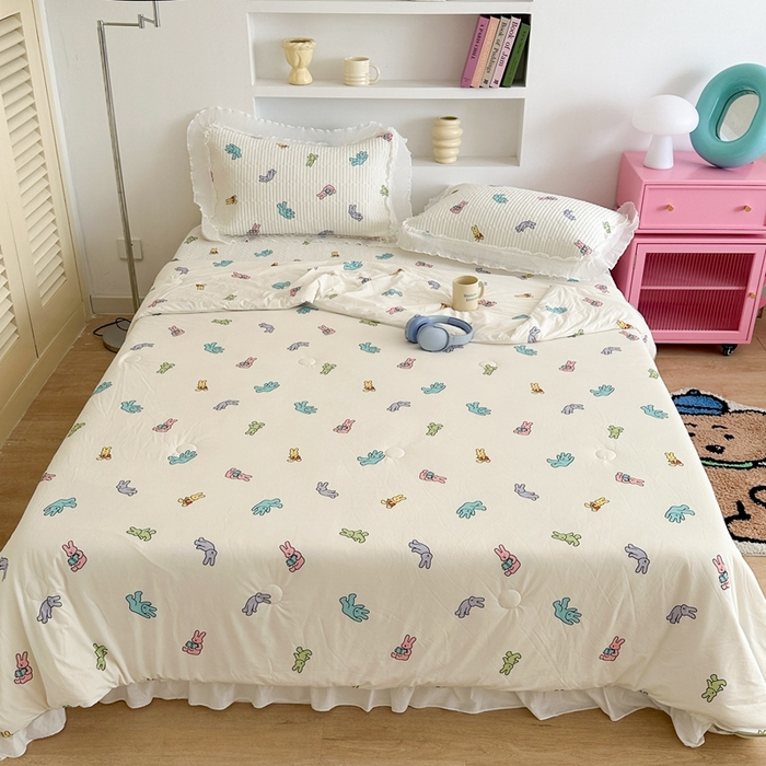 91家纺网 家纺一手货源 找家纺 昔可家纺 2024新款凉感冰皮床盖和同款夏被 七彩兔兔