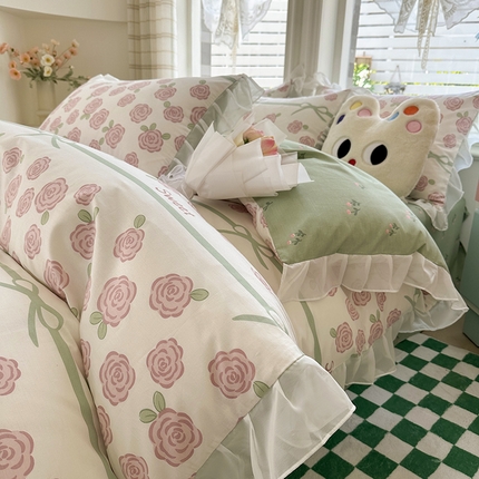 91家纺网 家纺一手货源 找家纺 富瑞阁 2024年新款13372全棉雪纺花边花边款四件套 三件套 玫瑰花语