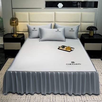 91家纺网 家纺一手货源 找家纺 （总）极梦家纺（支持定制） 2025夏季新款纯色绣花水洗真丝单床裙三件套可提供买家秀