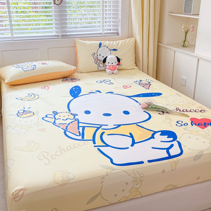 91家纺网 家纺一手货源 找家纺 金爱家 2024新款全棉三丽鸥正版大版单品床笠 贪吃帕哈狗