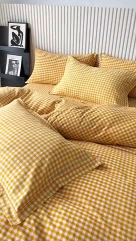 91家纺网 家纺一手货源 找家纺 三沁家居 2024新款格子色织全棉水洗棉四件套 宽边 黄小格
