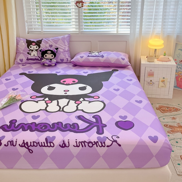 91家纺网 家纺一手货源 找家纺 金爱家 2024新款全棉三丽鸥正版大版单品床笠 桃心库洛米