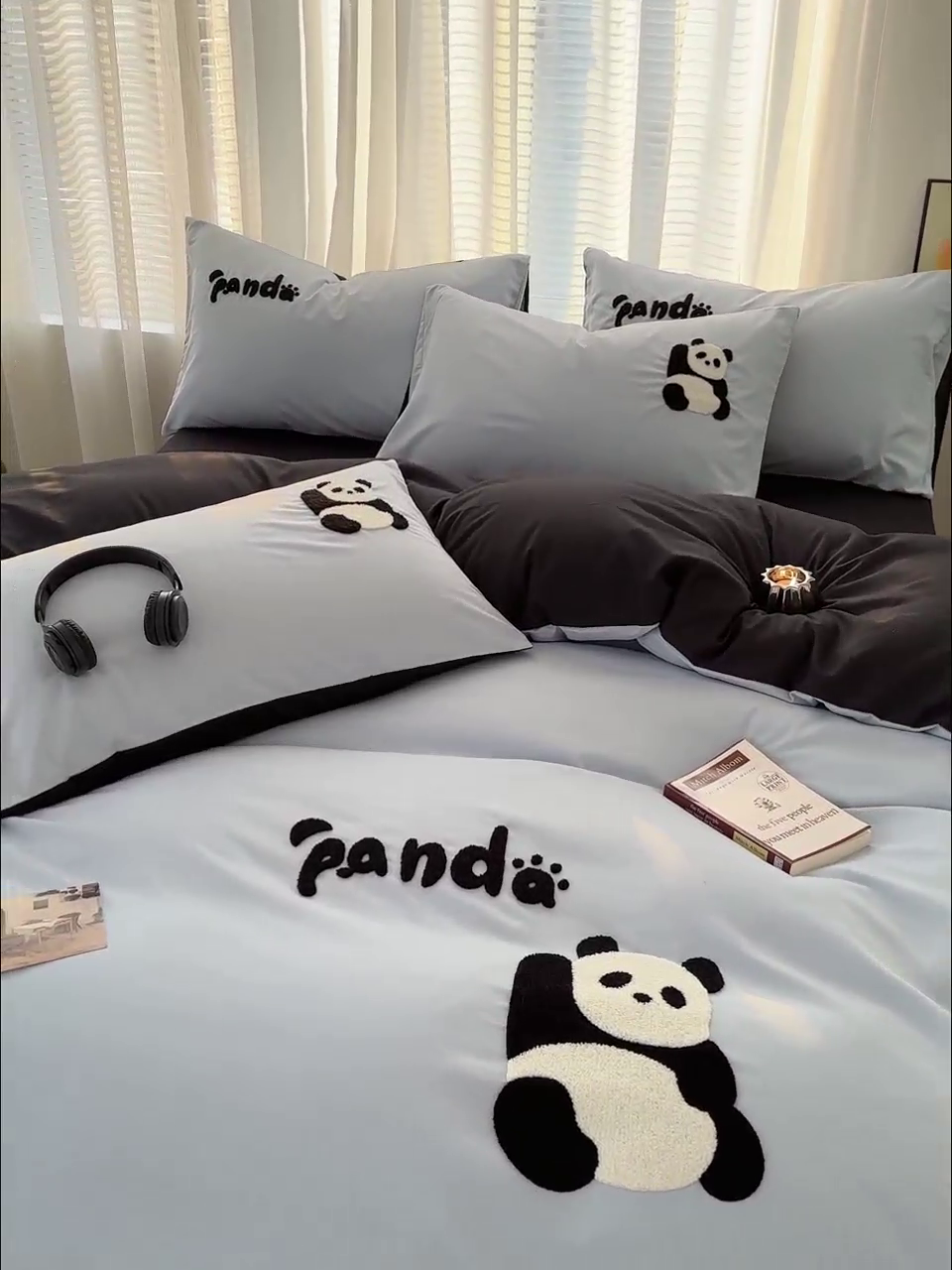 91家纺网 家纺一手货源 找家纺 曼谷家纺 年新款熊猫毛巾绣四件套柔软磨毛床上用品水洗棉套件 熊猫-淡蓝黑