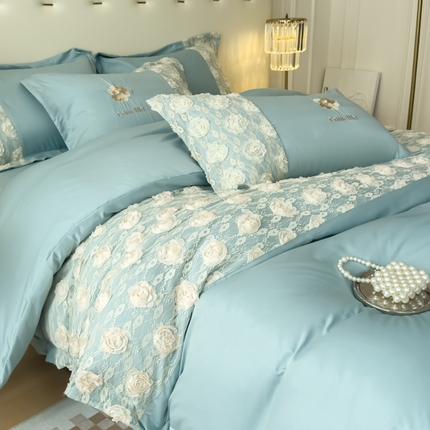 红嘴企鹅 2025新款水洗冰丝山茶花系列四件套 山茶花蓝色