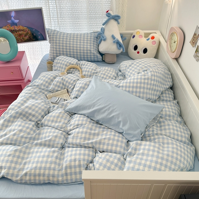 91家纺网 家纺一手货源 找家纺 昔可家纺 2024新款全棉纯色格子系列四件套 冰川蓝格
