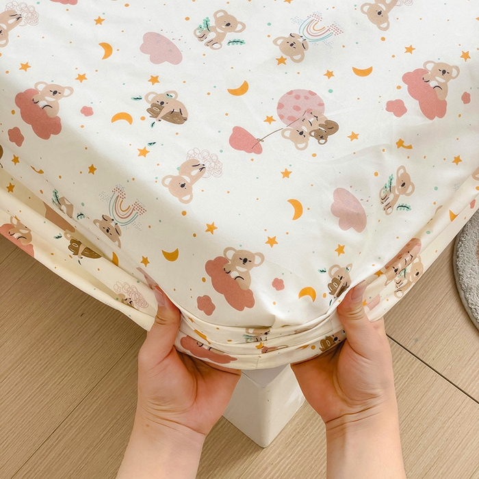 91家纺网 家纺一手货源 找家纺 楠沐家纺 2025新款亲肤印花芦荟棉水洗棉床笠系列 彩虹猴