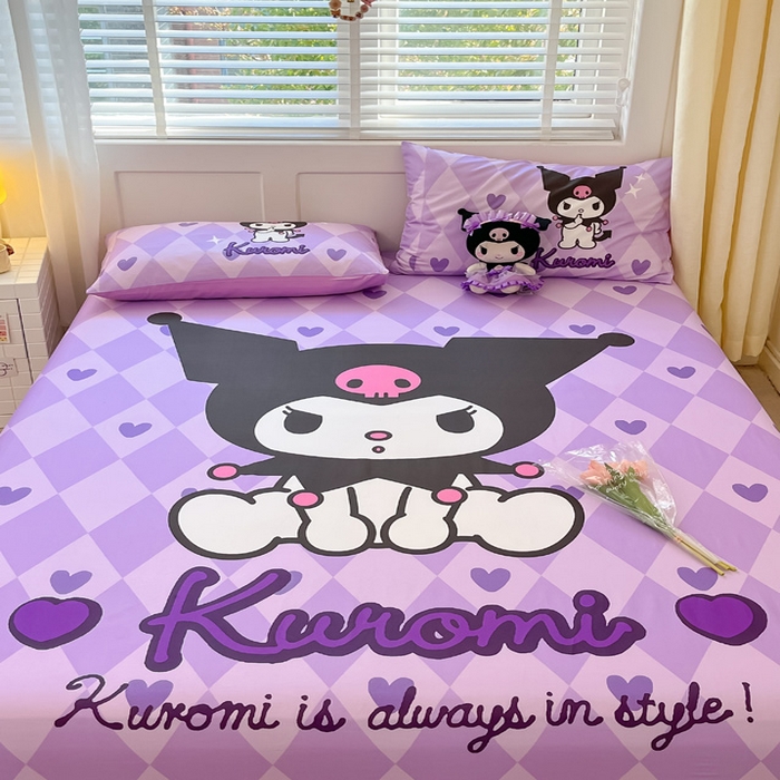 91家纺网 家纺一手货源 找家纺 金爱家 2024新款全棉三丽鸥正版大版单品床笠 桃心库洛米