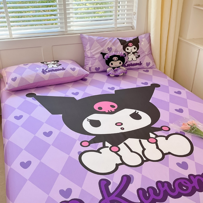 91家纺网 家纺一手货源 找家纺 金爱家 2024新款全棉三丽鸥正版大版单品床笠 桃心库洛米