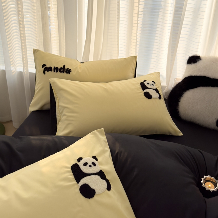 91家纺网 家纺一手货源 找家纺 曼谷家纺 年新款熊猫毛巾绣四件套柔软磨毛床上用品水洗棉套件 熊猫-芝士黑