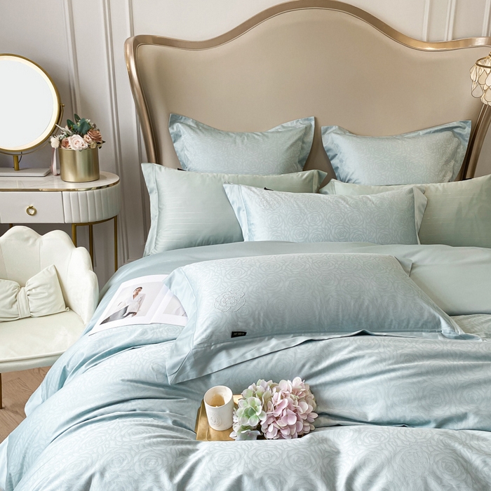 91家纺网 家纺一手货源 找家纺 品家居 2025新款长绒棉宽边印花四件套-邂逅 邂逅蓝色