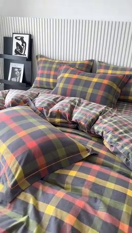 91家纺网 家纺一手货源 找家纺 三沁家居 2024新款格子色织全棉水洗棉四件套 宽边 彩格灰